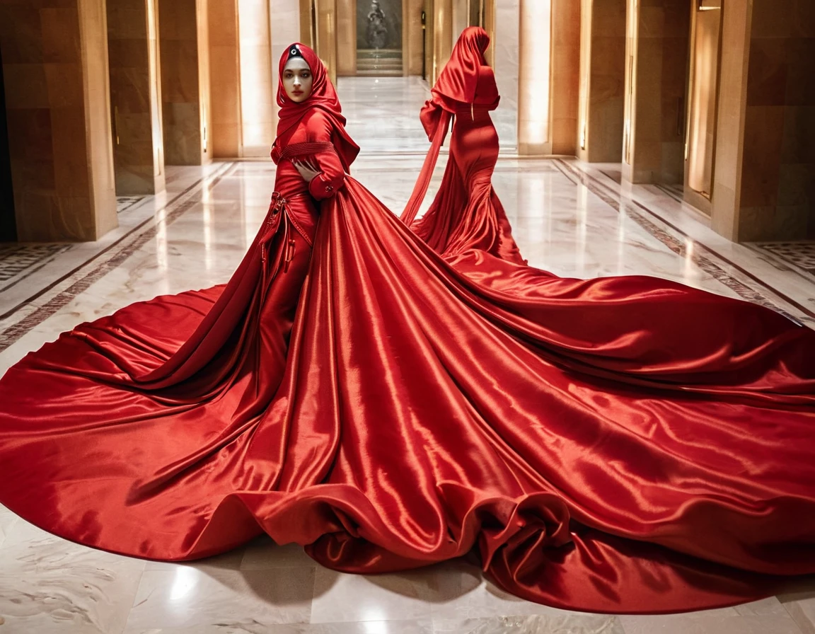 a woman in the translucent red night gown, half naked, nipple on with nipple piercing, wearing satin hijab, full body,mermaid tight long gown, flowy dramatic long gown,very long flor length gown, tall women, in crowded party, tight in leg, sexy face, sexy pose, wear high heels, masterpice