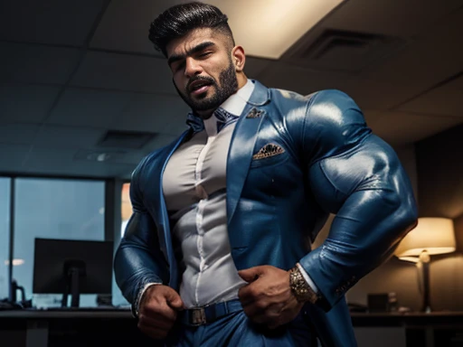 Handsome indian latino masculine strong bodybuilder man with huge wide muscular shoulders, wide chest, abs, masculine wide triceps, arms, biceps, big masculine legs, wide thighs, calfs, black-haired, hair falls on your face, Mesmerizing brown eyes, sun glasses, weared tight vest with grey underwear, in office