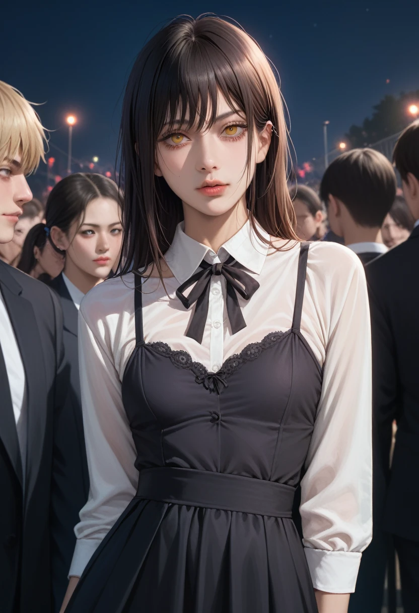 ((masterpiece,  best quality)), ( 1 girl), (Alone), ( for women), night ( Chainsaw Man ),( extremely detailed face, real image, Realistic white skin,  REALISTIC BODY ,  Intricate Details ),  upper body,  face with the crowd , Black hair tied up, Long Hair, Threatening Look ,  Black Piping Dress,  shirt,   neck ribbon ,  small breasts