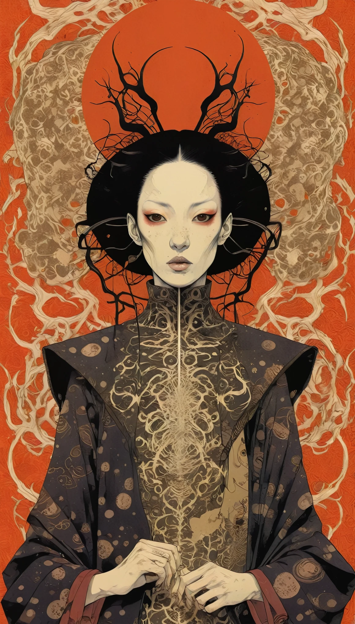 by Tsutomu Nihei,(strange but extremely beautiful:1.4),(masterpiece, best quality:1.4),in the style of nicola samori,Mantis, Ukiyo-e Art,Erik Madigan Heck Style page,portrait,illustration,drawing,outline,bold outline,symmetry,tattoo design ,Alex Gross Style page