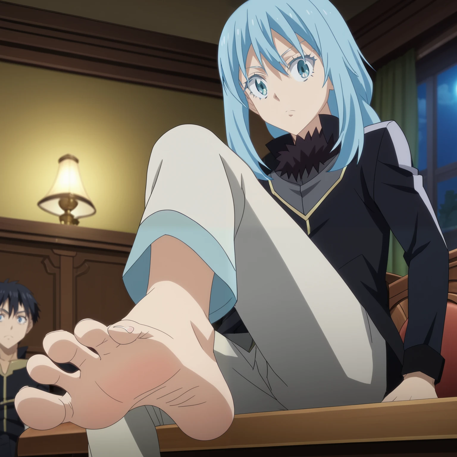 score_9, score_8_up, source_anime,
1boy, Rimuru Tempest, big eyes, black uniform, long pants, sitting, in a room, night, alone, looking at viewer, cheerful expression, cowboy shot, ANIME SCREENCAP, anime coloring, barefoot, perfect feet, anatomically correct, soles, low angle, focal length 35mm, each foot has five toes, front, symmetrical soles, foot focus