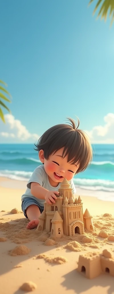 Pose of little child throwing paper airplane,((paper airplane)),happily laughing,mini cute toddler、Taken from the side、Strong bokeh、sand beach