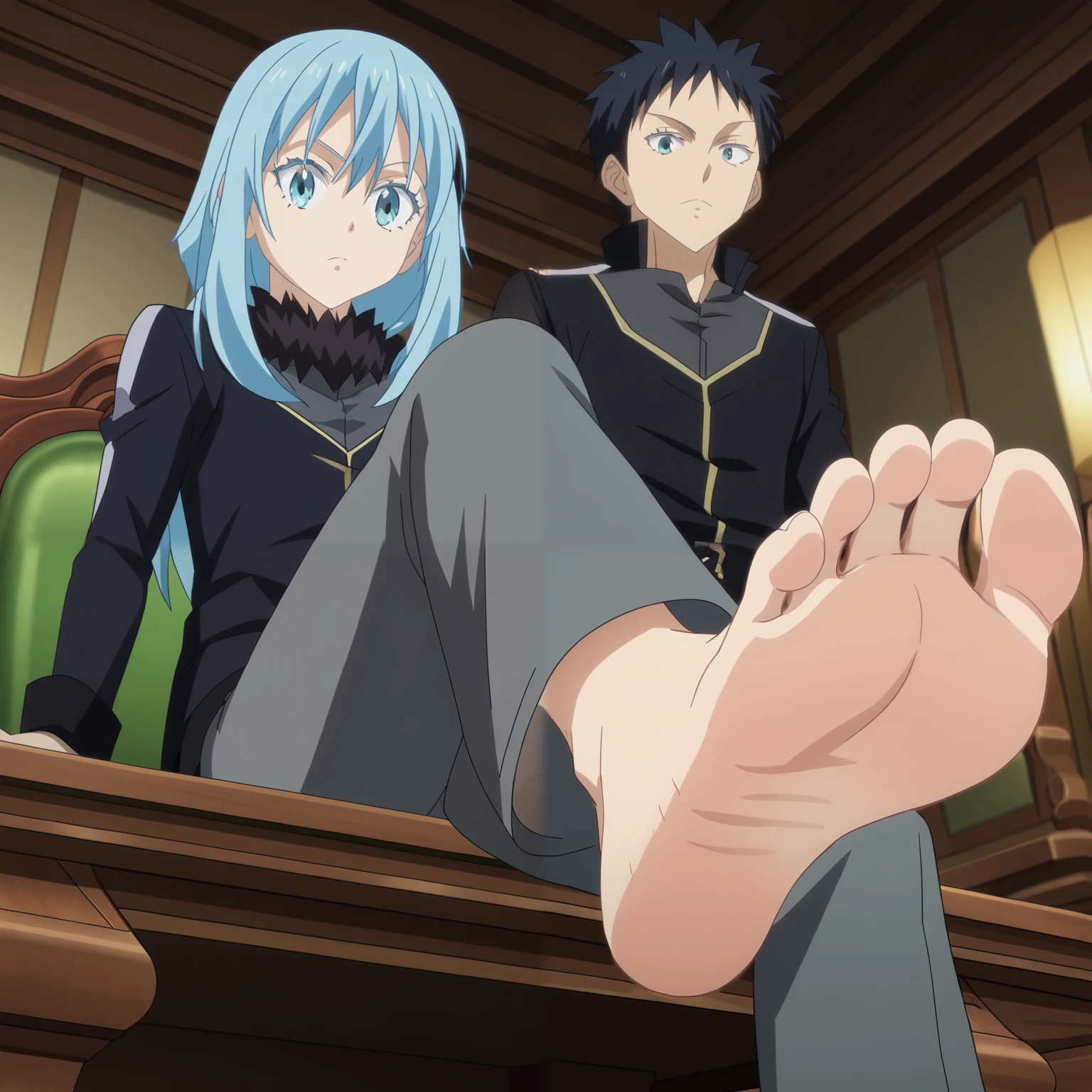 score_9, score_8_up, source_anime,
1boy, Rimuru Tempest, big eyes, black uniform, long pants, sitting, in a room, night, alone, looking at viewer, cheerful expression, cowboy shot, ANIME SCREENCAP, anime coloring, barefoot, perfect feet, anatomically correct, soles, low angle, focal length 35mm, each foot has five toes, front, symmetrical soles, foot focus