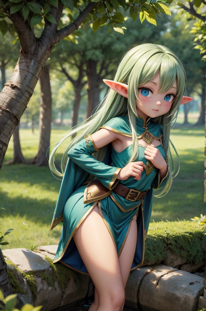Create a slightly weak looking elf with age features in male and female versions against the background of a semi-realistic forest.
