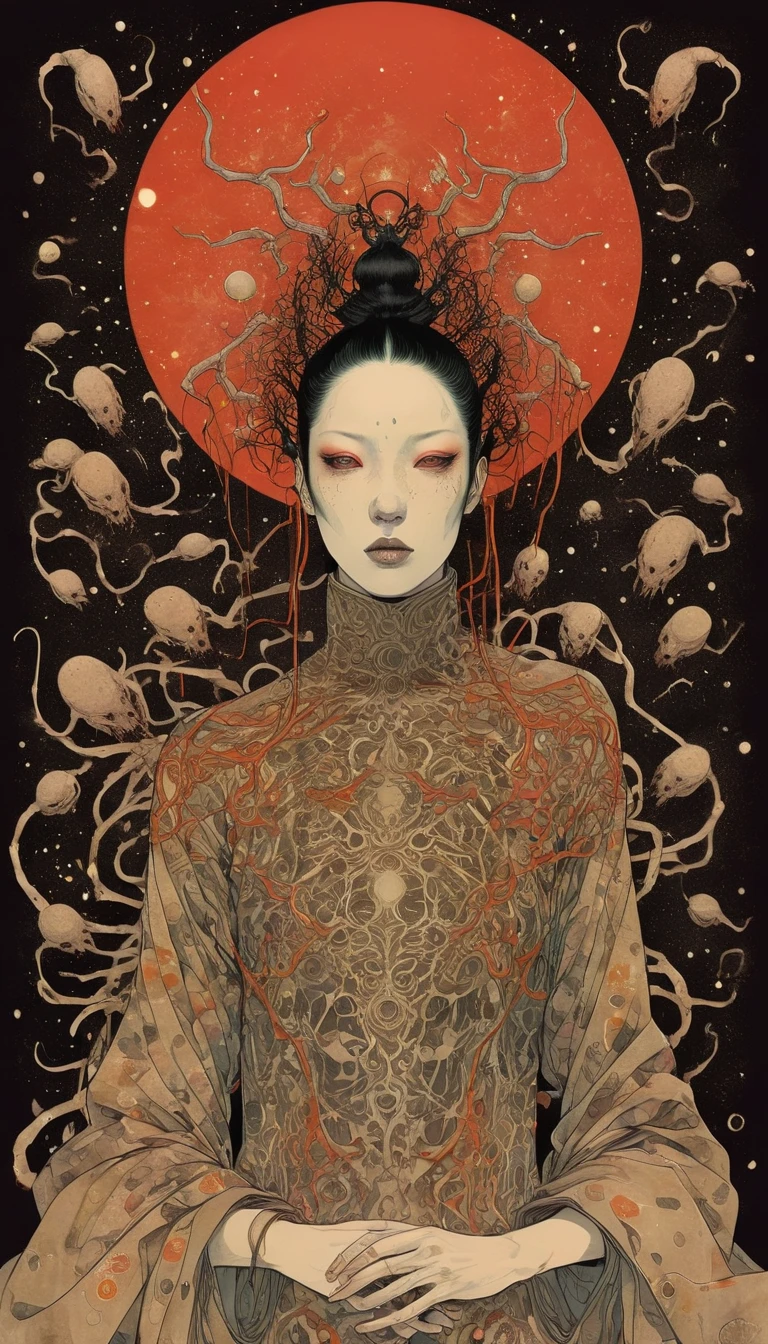 by Tsutomu Nihei,(strange but extremely beautiful:1.4),(masterpiece, best quality:1.4),in the style of nicola samori,Mantis, Ukiyo-e Art,Erik Madigan Heck Style page,,illustration,drawing,outline,bold outline,symmetry,tattoo design ,Alex Gross Style page, being safe and held and taken care of in the presence of God