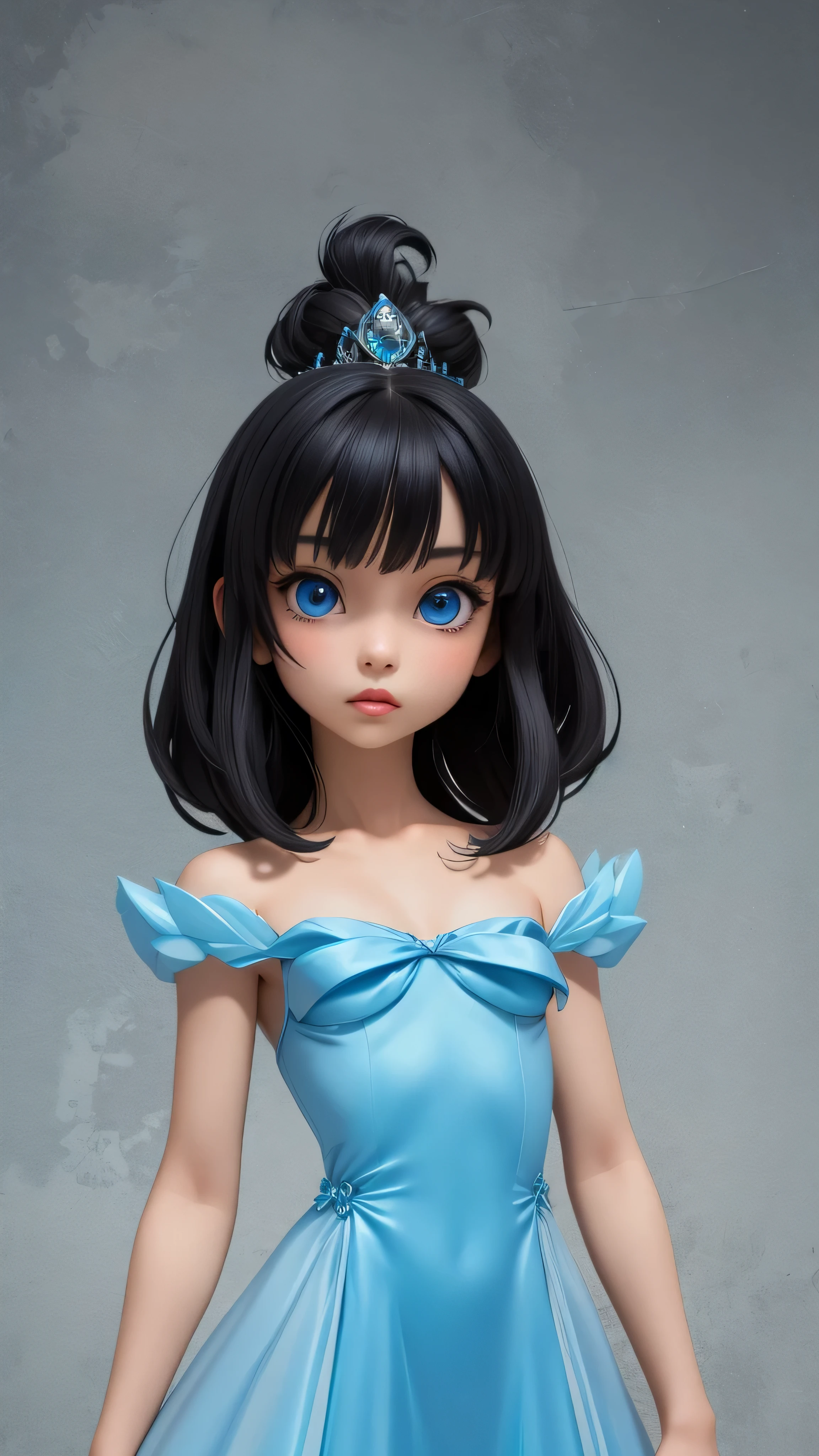 blue eyes, black hair, big lips, (flat chest), medium hair, ((6ar olirl)), ((very tiny bod)), blue princess dress