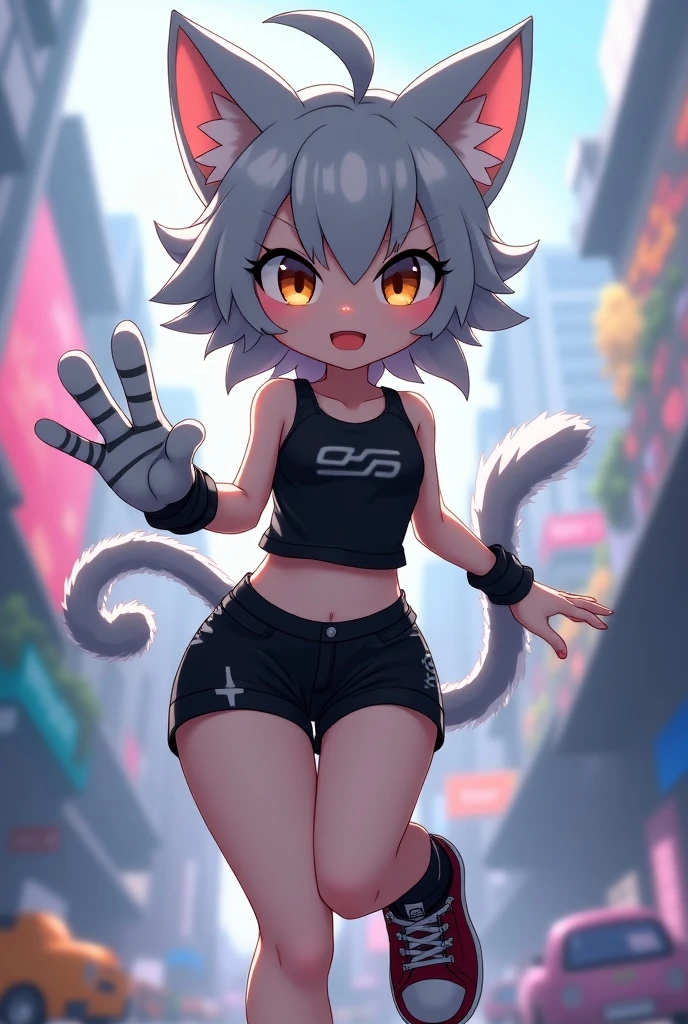4K, A high resolution, Best quality at best, masterpiece, perfect colors, perfect shadow, perfect litthing, ((sportrait)), 1woman, fit-muscled body, bright yellow eyes，dark blue hair , blue eyes, With round lenses, The audience watched carefully, (s face: 1.2), Perfect female figure, ((standing)),  ((yellow Tight crop top leather suit)), ((shy and looking at viewert)), (Perfect thick white eyebrows) Delicate fur, 详细s face, s the perfect face, At a  fantasy cyberpunk city , (model pose standing), energetic background, perfect  city skyscape,  lighting atmosphere, ((Bonifasko lighting)), (The round lenses on his eyes)(詳細な目), Perfect student, face close up