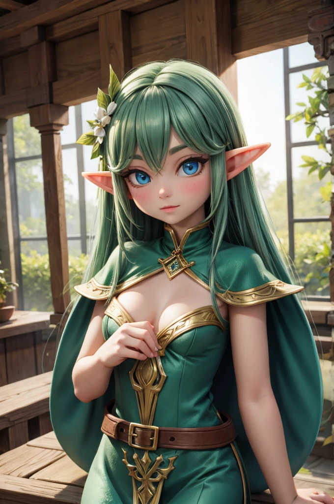 (best qualtiy), (tmasterpiece), Realistis, female elf，full bodyesbian, slim, Charming, earth_spirit, melting_heart, bigbadjo alien_monster, Contre-Jour, rays of sunshine, (tree house), Elf Tree House, Tree vines, Fujiman, tmasterpiece, 8k, -v6