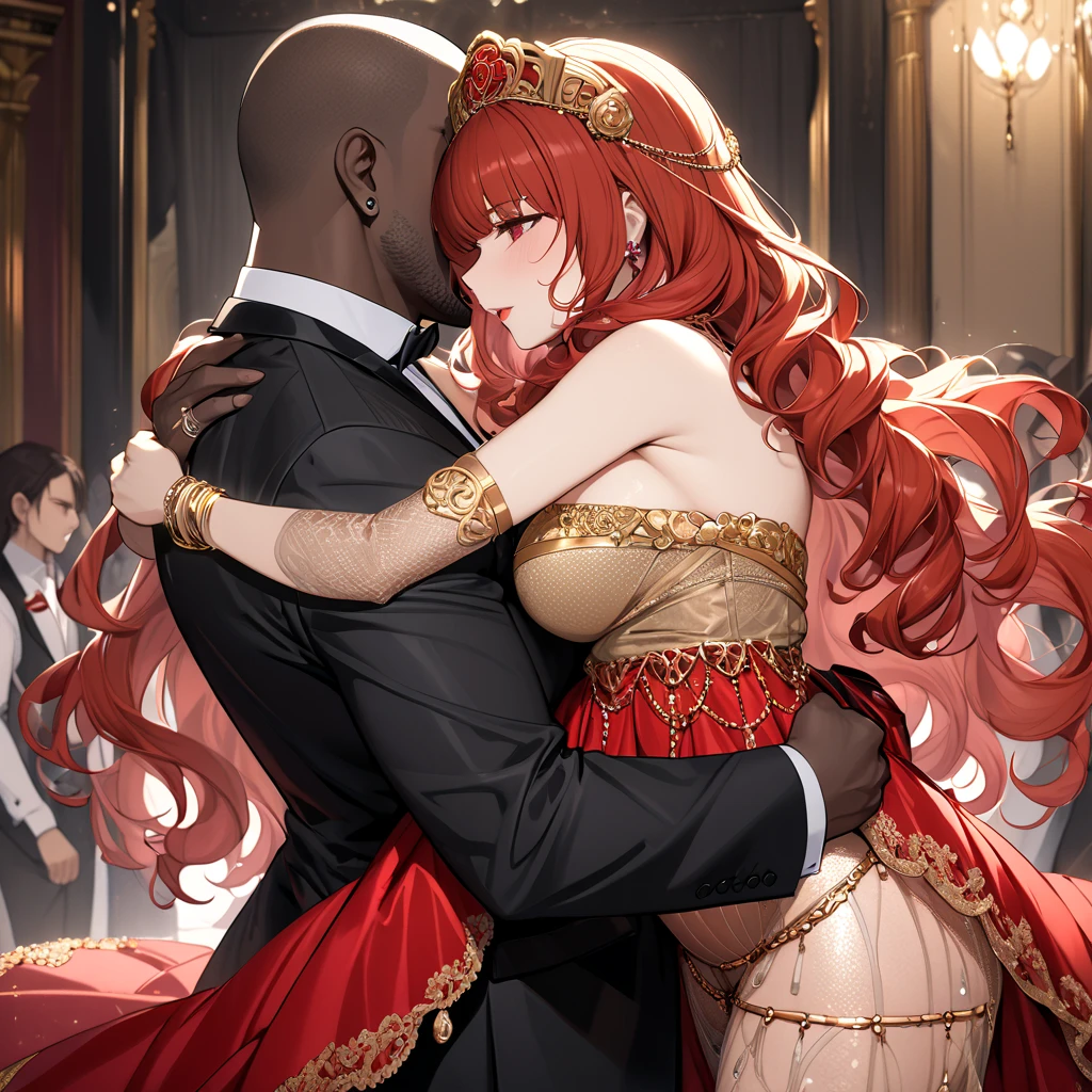 The pregnant woman who is the mistress of the Mafia wears beautiful red-haired Celica, a gorgeous, golden see-through bodycon dress with vulgar, flashy luster, and is adorned with luxurious accessories such as rings, waist chains, headdress chains, etc., and is hugged by a black mafia man as the lover of a strong black mafia man wearing a luxurious costume while being hugged by a black mafia man together happily snuggled up and kissed and loved They are getting along、(( best quality)), ((masterpiece)), ( Details), （ perfect face）,Women are red-haired Celica with excellent proportions 