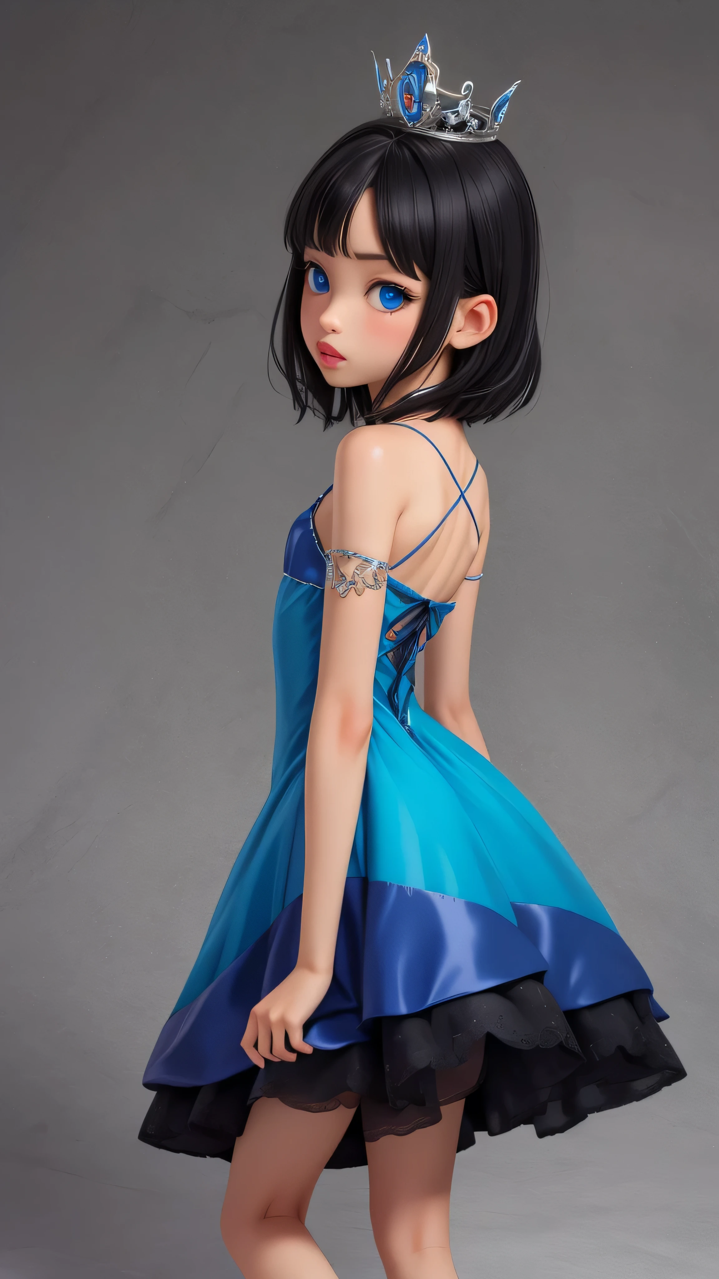 blue eyes, black hair, big lips, (flat chest), medium hair, (6ar olirl), (very tiny body), blue princess dress