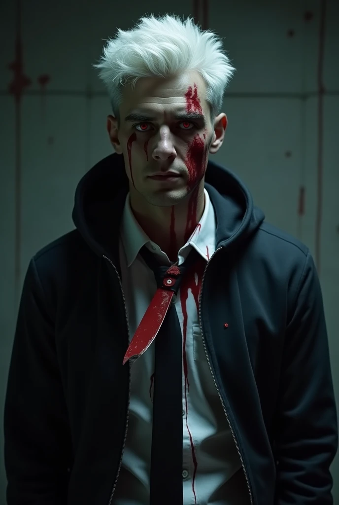 Create a young man of 26 years old on a street covered in blood he has black holes where his eyes are he is wearing a white shirt with a green sweater vest with a red tie he wears black and red pants he has white hair and no beard he is controlling the blood writing his name Gore and the street he is on is raining blood and everything is covered in blood except him