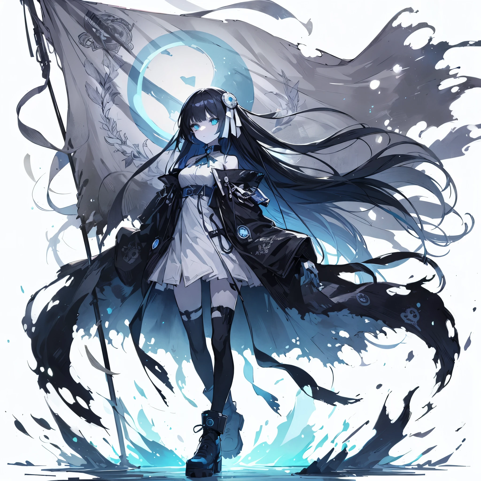 (Masterpiece, Top Quality), (Fine Hair), Ultra-Detailed, Anime like illustration Style, Solo, Full Length, Cyberpunk ghost girl. long black hair and neat white simple hair bows, Eyes burning with blue flame, shoulder covered in ragged cloak, sleeveless outfit, she Carried up to huge war flag embroidered with a silver moon, wearing raised boots, floating in the air, blue frame aura, slender figure, White background, standing full length, wasted earth,
