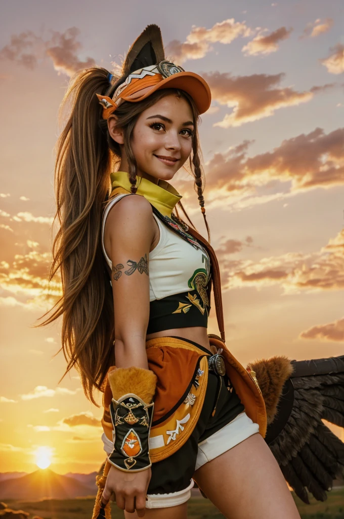 A young fit girl in realistic portrait of high quality and detail, Kachina (Genshin Impact), She is wearing an orange and white cap, dark brown with a dark green bandana around her neck and brown short shorts. On the bottom of her belt is an orange jacket, orange gloves for a miner with fur, as well as her high wear-resistant boots with wings on the sides. Of the additional ones, these are yellow-and-white knee socks and a patch on the left leg. Her hairstyle consists of two pigtails on the sides of her head and a large high ponytail. In addition to the cap and tail, her head is complemented by high animal ears. Tattoos on the rivers and leg that glow during the night spirit, and a small brown and white ponytail. happy smiling face, evening, red sky, pink clouds, looking at viewer, (ultra-high detail:1.2), Masterpiece, Best Quality, Ultra-detailed, Cinematic lighting, 8K, delicate features, cinematic, 35 mm lens, f/1.9, highlight lighting, global lighting –uplight –v 4, cinematic, Cinematic lighting, 8K, high quality, Highest Quality, (Solo Focus), (extremly intricate:1.3), (Realistic), masterful, Analog style, (Film grain:1.5), (warm hue, cold tone)