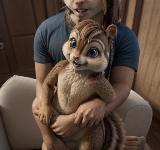 Brittany _miller, one,chipmunk, the man in the frame ,  hugs a little chipmunk , little chipmunk , the chipmunk on the man's chest , ,slim girly body, detail, little chipmunk , высокая detail,  anatomically accurate , супер detail, 8k,  better quality,  should be visible all over her body (A little plump:0.3), Darling, (small ears), (short muzzle),  squirrel feet ,  long slanting bangs ,  long hair at the back of the head, grey-blue eyes, realistic view,  expressive eyes , , perfect lashes ,  eyeliner , detailed fur,  perfect teeth . actions: in the living room,  standing full height , hands to sides , camera from above,  The view from above ,  a chipmunk looks up at a man, hugs a man,sitting on a man's arm ,  climbs the hand of a person ,  a chipmunk climbs the human hand,,  small chipmunk , in a human house 