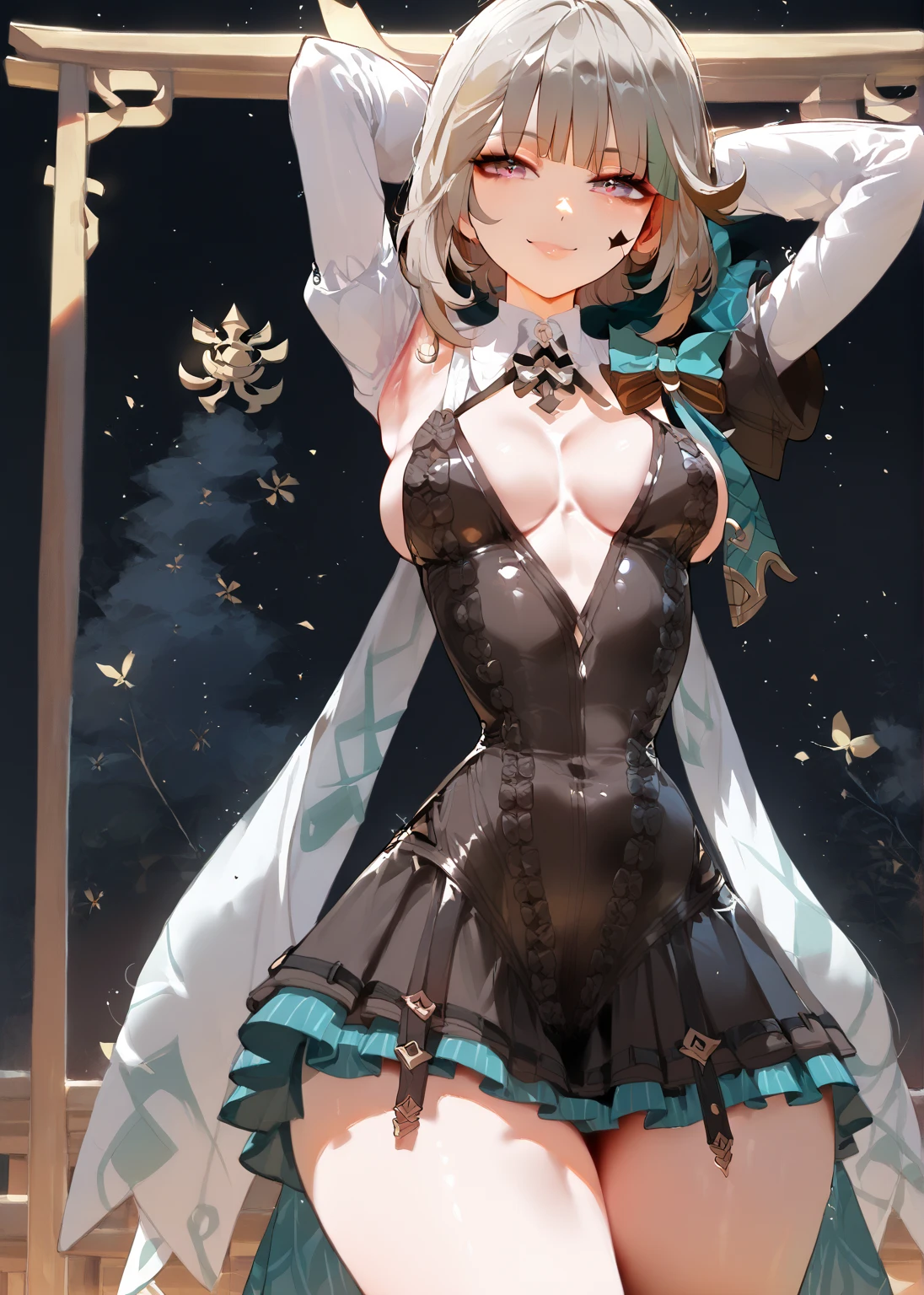 masterpiece, 8k, high resolution, shrine, semi-realistic, 1 girl, portrait 3:4, (high detailed face), (high detailed dress), smile, looking at viewer, (hands behind the head), sexy random dynamic pose, medium breasts, sexy, perfect body, perfect legs, black thighs, Lynette (genshin_impact), genshin_impact, puffy breasts, cleavage, fractal colours over plain black background.