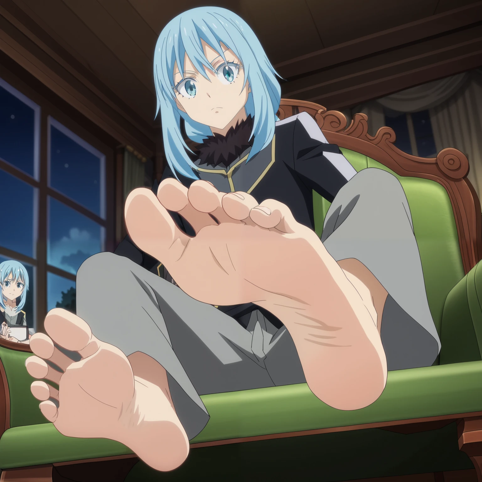 score_9, score_8_up, source_anime,
1boy, Rimuru Tempest, big eyes, black uniform, long pants, sitting, in a room, night, alone, looking at viewer, cheerful expression, cowboy shot, ANIME SCREENCAP, anime coloring, barefoot, perfect feet, anatomically correct, soles, low angle, focal length 35mm, each foot has five toes, front, symmetrical soles, foot focus