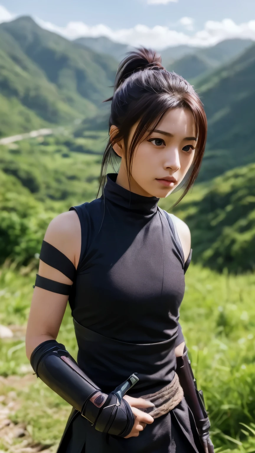 High quality image, masterpiece, detailed hair texture, detailed skin texture, detailed cloth texture, 8k, ultra detailed skin texture, skin pores, portrait of a woman, wearing a black tank tops