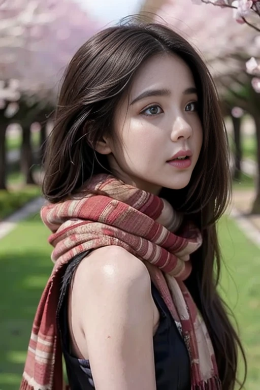 1girl, bird, black eyes, black hair, blurry, blurry background, cherry blossoms, lips, long-tailed tit, looking up, medium hair, profile, scarf, solo, tit (bird) , ((masterpiece))