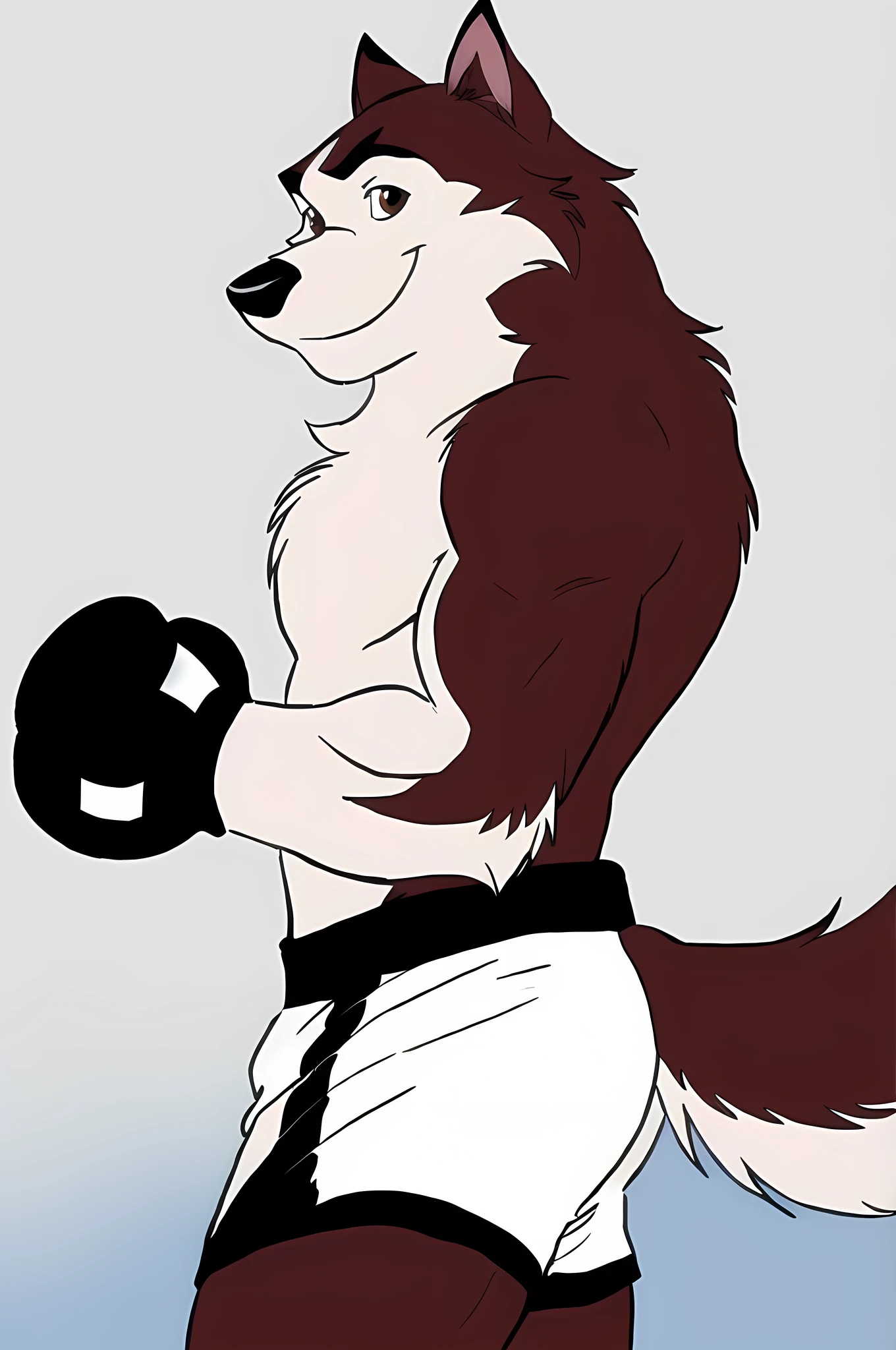 kodiak (balto), red fur, detailed, detailed face, detailed eyes, anthro body, black lineart, black outline, male, young adult, very muscular body:1.2, muscular, brown eyes, cartoon shading, cel shaded:1.0, confident, proud, smile, boxing trunks, wolf tail, (wearing boxing gloves, detailed boxing gloves):1.1, (no background, white background):1.5, bare chest, by wfa, by negger, puffed chest, side view