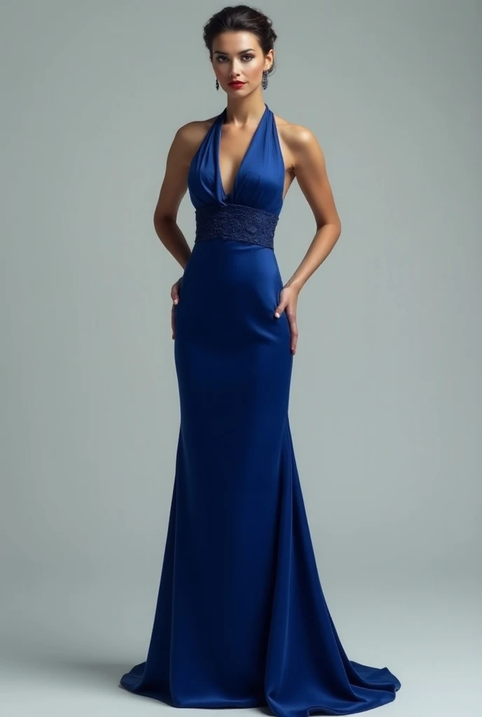 My dress is really beautiful, It had dropped shoulders and an A-line cut., It had rhinestones on the neckline, It was tight up to the waist, where it was released in a flight, and the final touch, It is navy blue.