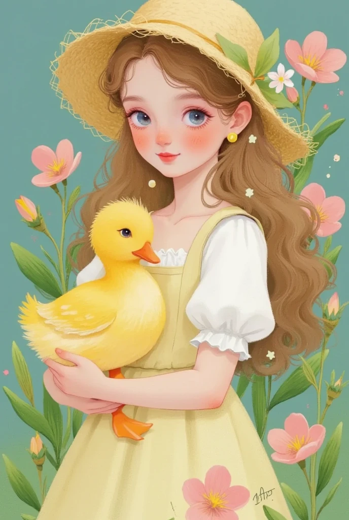 The breath of spring， colored pencil drawing ，sketch，A painting：Closeup of a girl in a dress holding a duck, Smile，straw hat，Flowers ,   pixiv Contest Winner  , Fantasy Art, cute的数字艺术,  exquisite digital art, cute的艺术风格, 软萌动漫插画, cute的数字绘画,  cute的细节艺术品 ,  A beautiful artwork illustration , cute又cute, cute, cute的艺术品