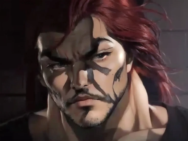 Enji todoroki, complete body pic, naked with sensual pose, muscular, red hair, blue yes, with scar on his face