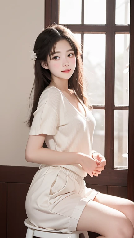 Masterpiece, highly detailed, high resolution, detailed beautiful eyes, detailed beautiful face, full-Length Portrait of a so beautiful Asian young woman with Pastel-Colored Long Hair, Wearing White Shorts, Seated on a White Chair. She is dressed in an elegant, lightweight white V-neck sweater. Her posture leans slightly forward, with softly clasped hands at waist level. Despite her joyful facial expression, she exudes a serene elegance. A coffee cup is placed on the table beside her. The background features cherry blossoms that emphasize softness, creating a tranquil atmosphere. Warm tones, especially soft pinks and light oranges, evoke a sunrise or sunset ambiance. Light filtering through the flowers casts delicate, soft shadows, enhancing the dreamy effect of the scene.