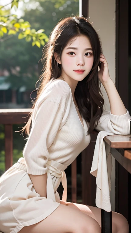 On a table, Best quality at best, realistically, ultra - detailed, Detailed pubic hair, A high resolution, 8k wallpaper, 1 Beautiful woman,, light brown messy hair, dressed in a suit, lock focus, Perfect dynamic composition, beautidful eyes, Delicate hair, Detailed and realistic skin texture, Smiling, closeup portrait, Model body type