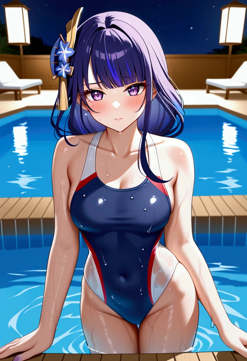 raiden_shogun_ckxl, long hair,streaked hair,two-tone hair,sidelocks,hair ornament,highres,blunt bangs, low ponytail, one-piece swimsuit, undersized swimsuit, sexy pose, blush, shy, Pose seductively, Posing provocatively, Wet body, pool, night, looking at viewer, Body tingling, Beautiful view, good atmosphere