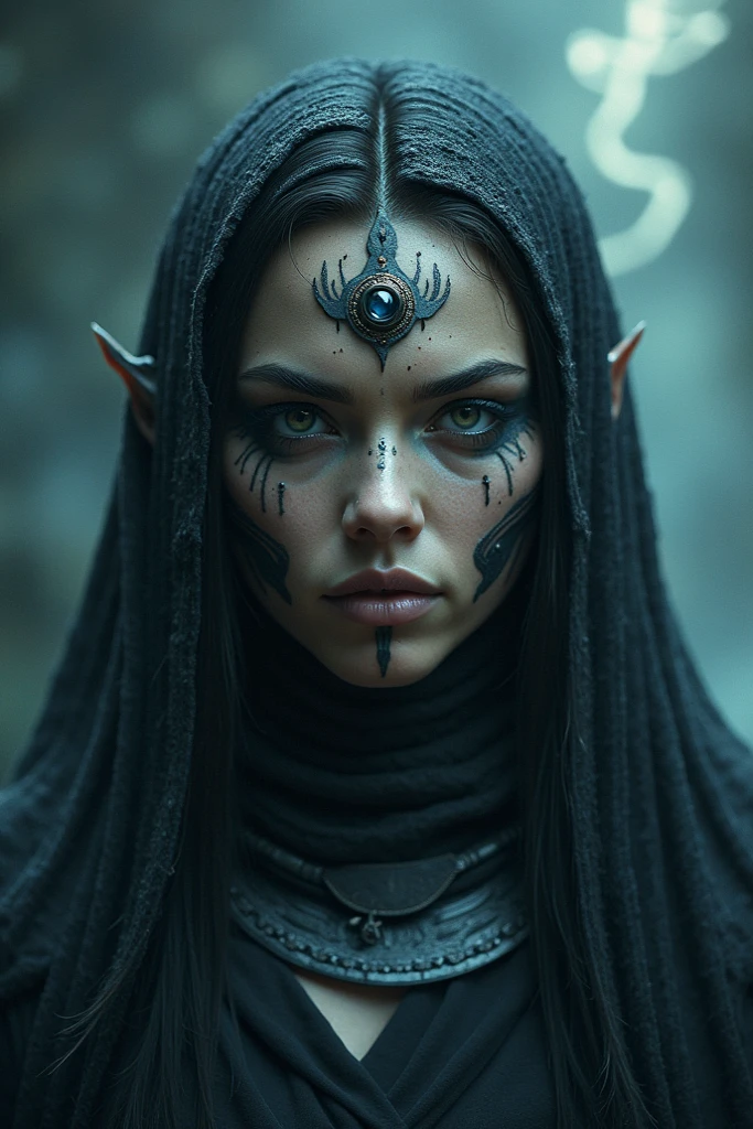 a close up of a person with a stick in their hand, detailed matte fantasy portrait, shaman witch, witch - doctor, gothic maiden shaman, portrait of a digital shaman, dark but detailed digital art, portrait of a female necromancer, portrait of the old necromancer, by Adam Marczyński, portrait of a holy necromancer