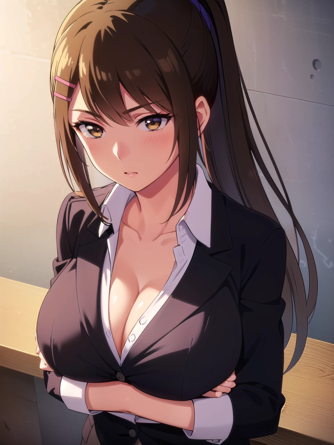 highest quality, masterpiece, High resolution, 1 girl, sae chabashira, (30 year old adult woman:1.5), (Upper body), long hair, (black髪:1.5), hair ornaments, (brown eyes:1.5), ponytail, hair clip, clavicle, (black_Jacket:1.5), (white shirt:1.5), (detailed and beautiful eyes:1.6), highly detailed face, perfect lighting, Very detailed CG, (perfect hands, perfect anatomy), (blush), big, classroom, (Hold the breast from below:1.5), (open chest:1.5), (big胸:1.5), (Looking down at the chest from above:1.5)