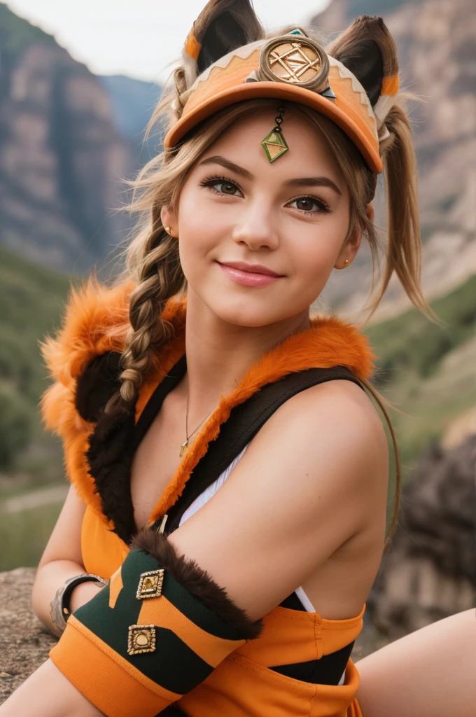 A young small girl in realistic portrait of high quality and detail, full-length photo, childish face, european girl, movie style, Kachina (Genshin Impact), She is wearing an orange and white cap, dark brown with a dark green bandana around her neck and brown short shorts. On the bottom of her belt is an orange jacket, orange gloves for a miner with fur, as well as her high wear-resistant boots. Of the additional ones, these are yellow-and-white knee socks and a patch on the left leg. Her hairstyle consists of two pigtails on the sides of her head and a large high ponytail. In addition to the cap and tail, her head is complemented by high animal ears. no human ears. Tattoos on the rivers and leg that glow during the night spirit, and a small brown and white ponytail. happy smiling face, evening, red sky, pink clouds, looking at viewer, canyons on the background, 1girl, (ultra-high detail:1.2), Masterpiece, Best Quality, Ultra-detailed, Cinematic lighting, 8K, delicate features, cinematic, 35 mm lens, f/1.9, highlight lighting, global lighting –uplight –v 4, cinematic, Cinematic lighting, 8K, high quality, Highest Quality, (Solo Focus), (extremly intricate:1.3), (Realistic), masterful, Analog style, (Film grain:1.5), (warm hue, cold tone)