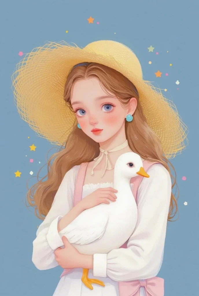 Closeup of a girl in a hat holding a duck,  exquisite digital art, 可爱的数字艺术, Lovely art style,  cute digital painting , Realistic cute girl painting,  Lovely illustrations , Exquisite painting style,  Dreaming of Flying Through the Sky ,  可爱的细节艺术品 , Holding a white duck , 软萌动漫插画, author：Li Song, author：The J, Beautiful digital illustrations