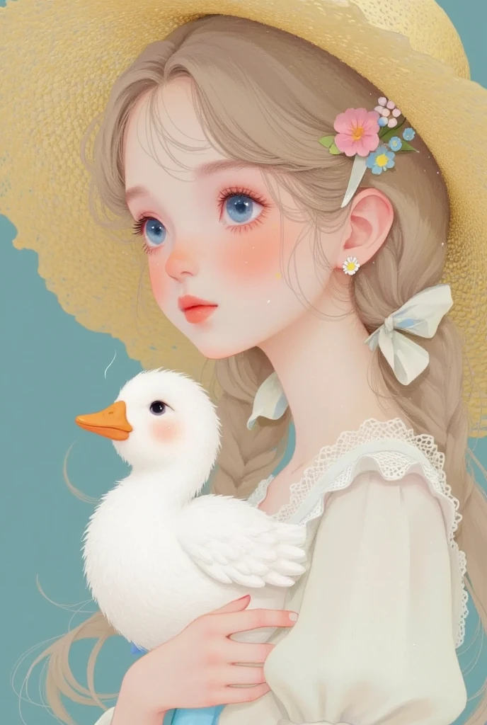 Closeup of a girl in a hat holding a duck, Li Song's storybook illustration , Popular in the CG community , Fantasy Art,  exquisite digital art, 可爱的数字艺术, Lovely art style,  cute digital painting , Realistic cute girl painting,  Lovely illustrations , Exquisite painting style,  Dreaming of Flying Through the Sky ,  可爱的细节艺术品 , Holding a white duck , 软萌动漫插画