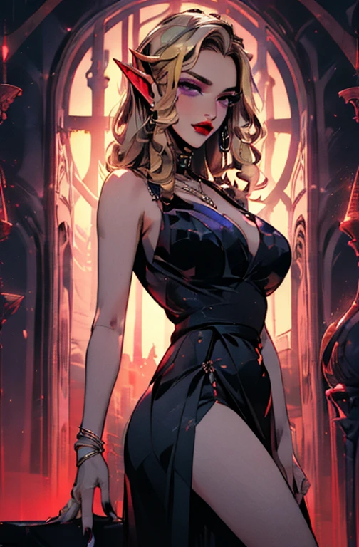 (( masterpiece, style better quality)), absurdities,  full body,  fantasy palace background,
1 girl, elf, long hair, curly hair, blonde hair, violet eyes, wine-red lips, sexy black dress, long nails, worshipped, gorgeous, huge tits, huge ass