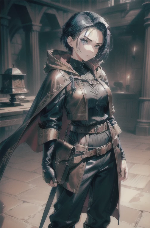 (masterpiece, ultra-detailed, high resolution, best quality:1.2), (anime, (simple background, plain background:1.1), sketchy drawing, female Focus, full body, Fantasy Art, RPG Character, Concept Art),((medieval adventurer outfit:1.2), 1girl, solo), ((slicked back:1.3), short hair, middle part, navy blue hair), ((shirt, upturned collar, (jacket:1.2), (Medieval Desert Hooded Cape:1.1), voluminous clothing, turned up sleeves, pants, low heel boots), (leather belt, buckles:1.1), pouches, leather glove)