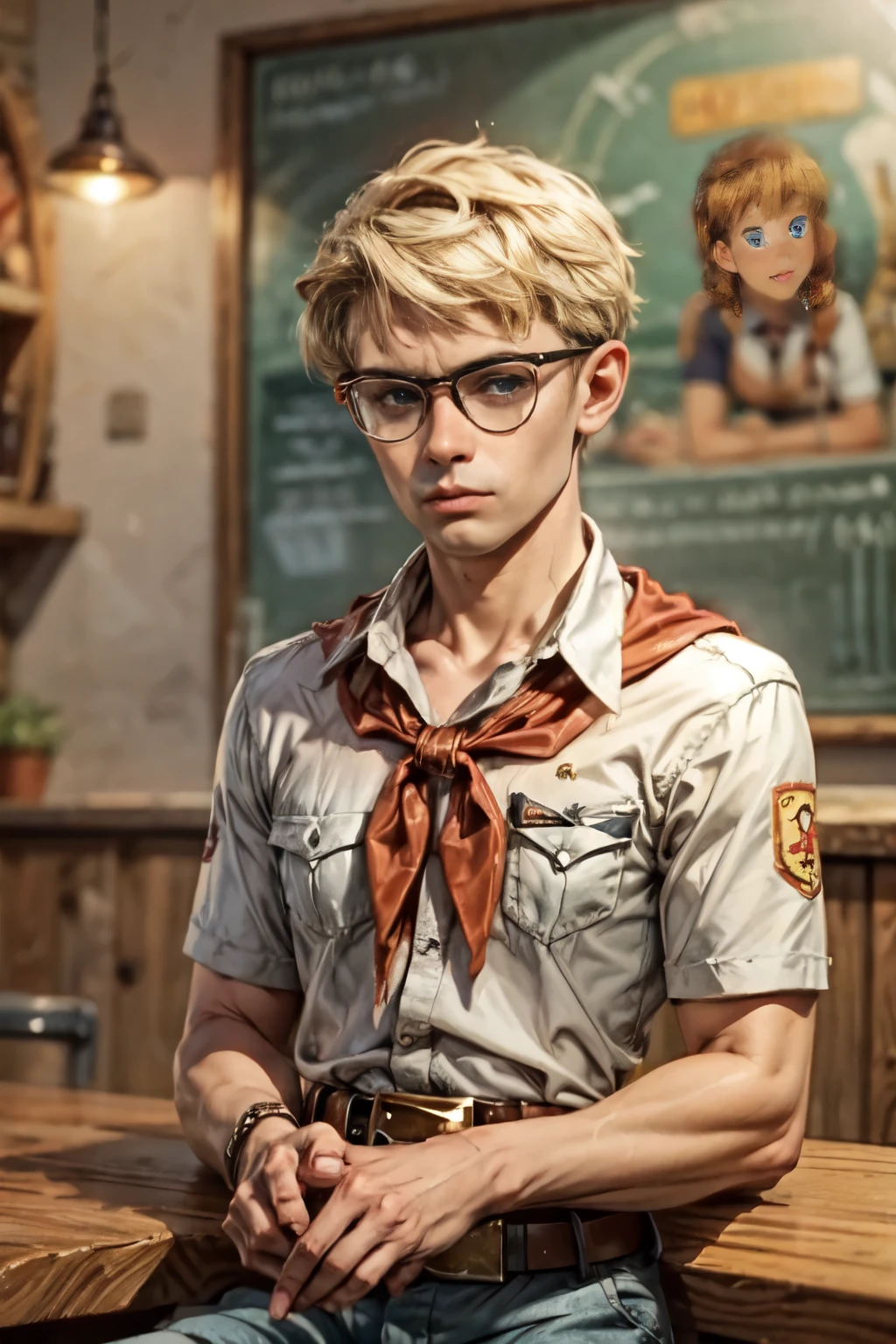 16k wallpaper, masterpiece, detailed style, anime_source, 1 boy, shurik, blonde hair, blue eyes, glasses, pioneer neckerchief, blue shorts, bangs, shirt, collarbone, white shirt, short sleeves, collared shirt, belt, neckerchief, red neckerchief, pocket, breast pocket, sitting at the school bar, Chugging, drink beer