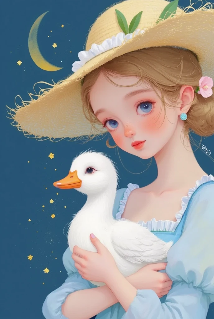 Closeup of a girl in a hat holding a duck, Star，moon， exquisite digital art, 可爱的数字艺术, Lovely art style,  cute digital painting , Realistic cute girl painting,  Lovely illustrations , Exquisite painting style,  Dreaming of Flying Through the Sky ,  可爱的细节艺术品 , Holding a white duck , 软萌动漫插画, author：Li Song, author：The J, Beautiful digital illustrations