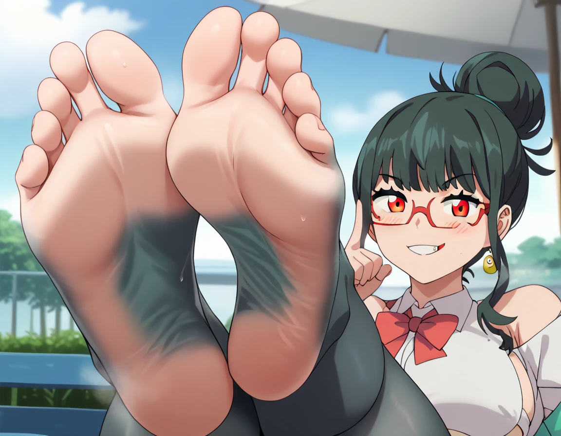 Score_up 9, Score_up 8, (((1girl))), Source_anime, Anosillas, \(Anosillas)\ , \(chill junky kink female feet)\, anatomy, best foot anatomy, \( Feet Egyptian anatomy )\ , one foot over the other, paired feet rubbing eagerly sexy breathtaking arched soles, crossed legs, (juicy sexy feet fanservice), secretary, viewer foot fetish, green hair bun, short bangs, orange eyes, ((half open eyes)), heart shaped thoughts, fitted underboob white shirt, trimmed toeless pantyhose, big thighs, waist wider than shoulders, smug, dominant sub female, Baddie. She is laid extensively on a outside bench displaying her musky tootsies on the edge of the bench, cropped fitted bodystocking, off shoulder green sweater, blushing, full body view, ultra masterpiece, HD, comfy atmosphere, (((droopy large breasts))), close up view of face, laying down sideways, demure pose, foreshortening, lewd smiling with tongue, huge curvy butt, demure pose, pantyhose thighs with bare open toes, feet, heels of the feet on top the bench, feet posing, showing the crossed rubbing feet kicked up, 5toes, (toe curling blissfully), best soles, steamy, sweaty pheromones, puffiness of the soles, stuffiness of the soles of the feet, toeless soles, pointing at feet, smell my feet <3, gesturing to viewer teasingly feet, (( im having my steamy juicy feet displayed just for you ;3))