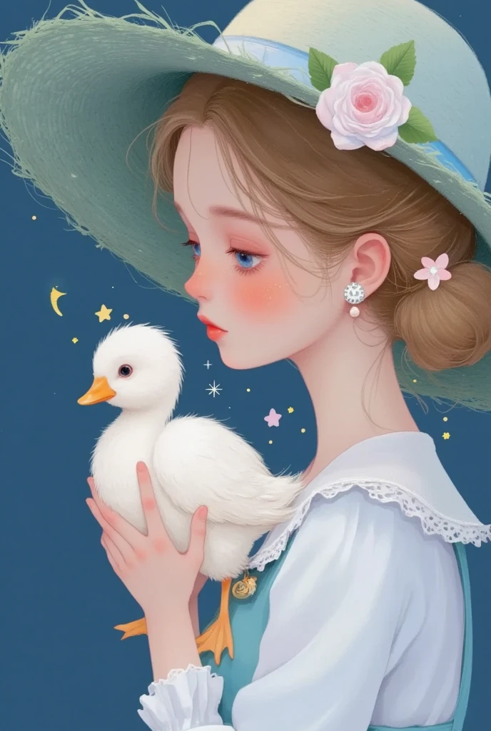 Closeup of a girl in a hat holding a duck, Star，moon， exquisite digital art, 可爱的数字艺术, Lovely art style,  cute digital painting , Realistic cute girl painting,  Lovely illustrations , Exquisite painting style,  Dreaming of Flying Through the Sky ,  可爱的细节艺术品 , Holding a white duck , 软萌动漫插画, author：Li Song, author：The J, Beautiful digital illustrations