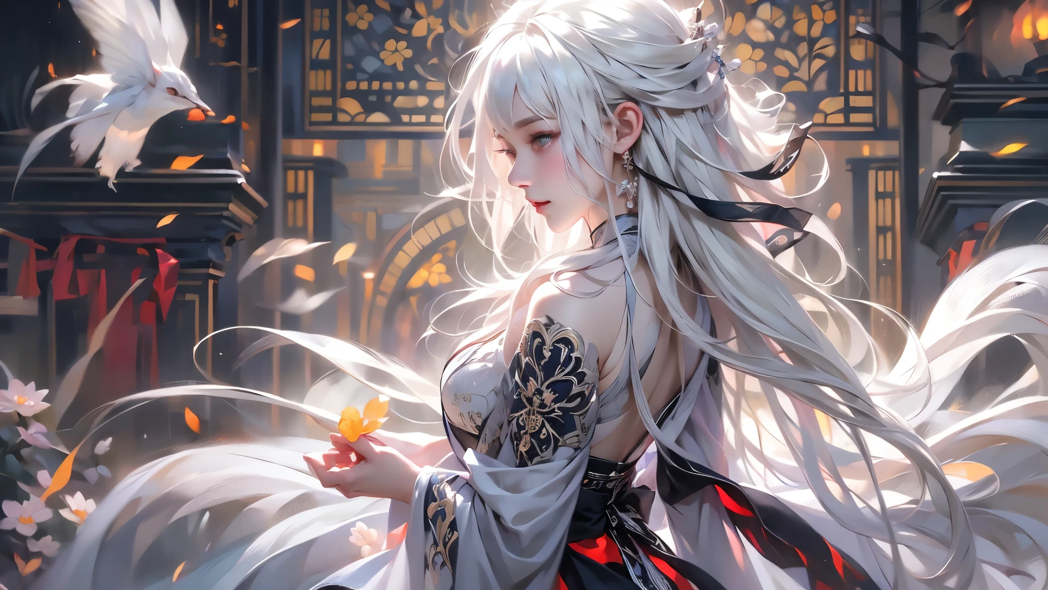 super high quality, masterpiece, Perfect illustration, Very detailed (Exquisite light and shadow, Very dramatic photo,Backlight) , ((white Hair:1.5))1 Girl,(( alone:1.6)), (Wearing Han clothes, Wear lots of layers of clothing. Black Hanfu,Monotony,Long sleeve、Gorgeous costumes、Highly decorated Hanfu) Flower Field, Flowers, (White smoke:1.3) (Realistic:1.4), Zen Intertwining, Tangled, Official Art, unity 8k wallpaper, Very detailed, Beautiful and beautiful, masterpiece, Highest quality, (Dynamic Angle: 1.4), Glowing Skin, (Floating colorful flashes: 1) The most beautiful chaotic shapes, elegant, Brutalist Design, Bright colors, Romantic Depth of Field Exotic_dance, half_naked、Expose your shoulders、Ample breasts、Great cleavage、Dynamic pose、Backlight, asian dress.
