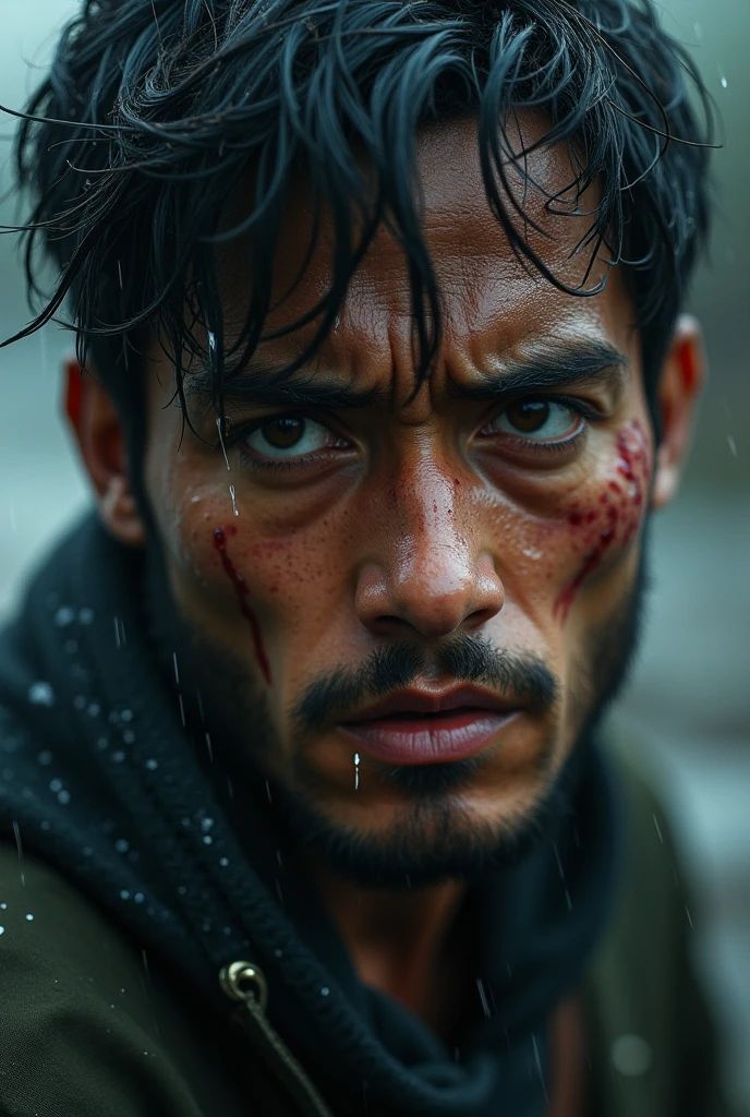 A close-up of Ouj bin Anak, disheveled and bruised, with tears mixing with rain as he realizes his pride has led to disaster.