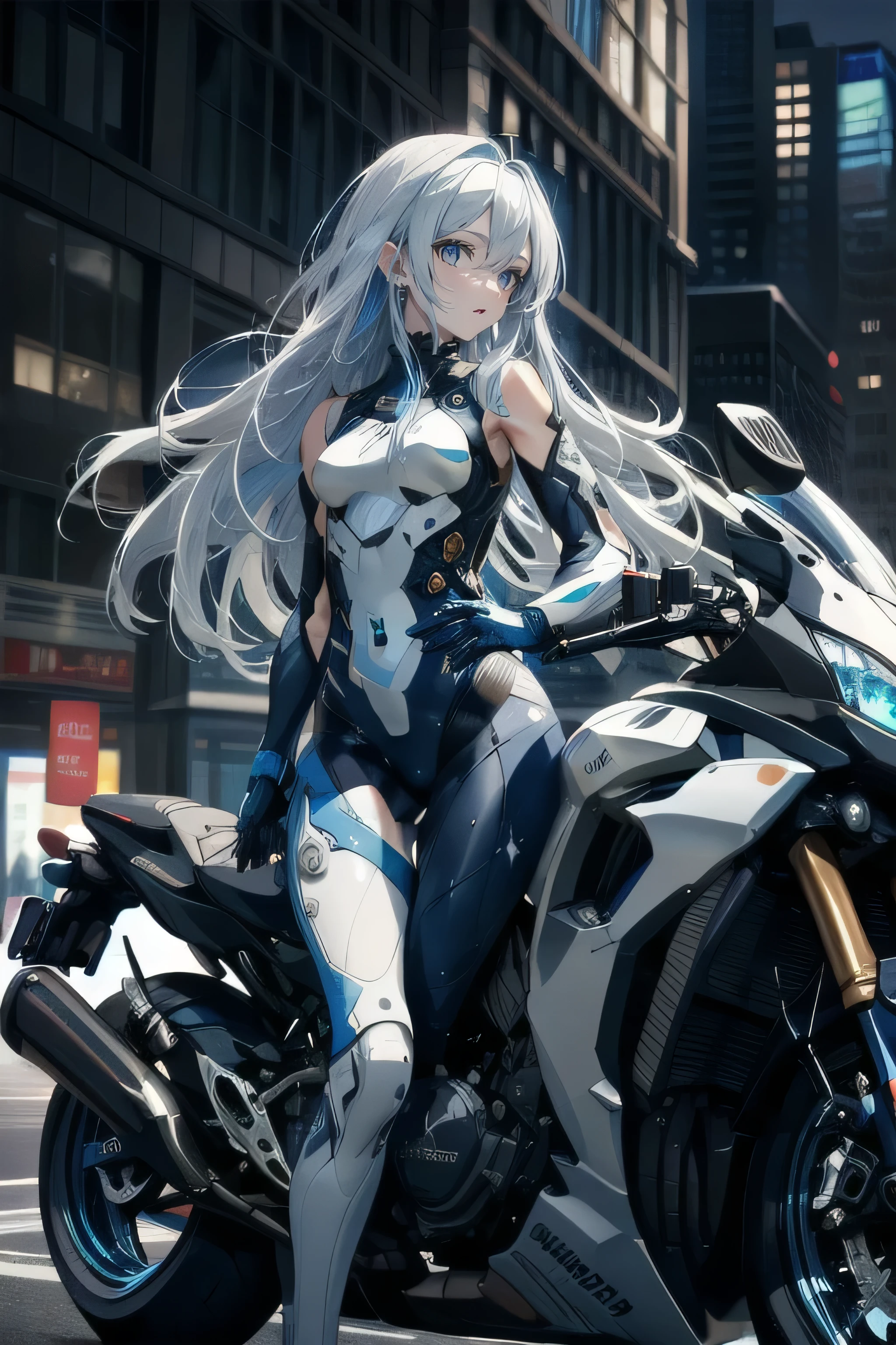 (masterpiece), (best quality), ultra detailed, finely detailed color, cenematic painting, (Top image quality), (Ultra Detailed), (Facing forward), top quality, masterpiece, (((1 girl))), Silver Hair, white hair, ((Long hair)), (deep blue eyes:1.6), night, urban, ((sitting on motorcycle)), ((high leg)), ((bare legs)), ((sleeveless)), battle suit, bodysuit, mecha suit, black suit