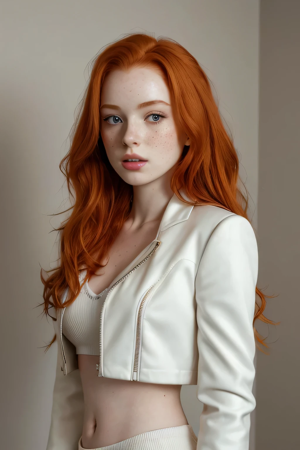 1girl in, age21, Madelaine Petsch, photo of perfect woman, 5'3", Solo, Aesthetic artwork, (irish  redhead, wavy ginger hair, shoulder length ginger hair:1.25), (some small freckles, pale skin, small breasts, B-cup, runners body, very thin waist, skinny, petite, detailed skin texture), (blank background, plain background, blank wall, (wearing an open white cropped jacket with a big letter R on it, white mini skirt, kneehigh boots, jessie from pokémon, team rocket cosplay), (extremely detailed 8k wallpaper), soft lighting, high quality, film grain, Fujifilm XT3 sharp focus, f 5.6, 50mm, High Detail, Sharp focus,(natural light), crazy details, complex details, hyper detailed