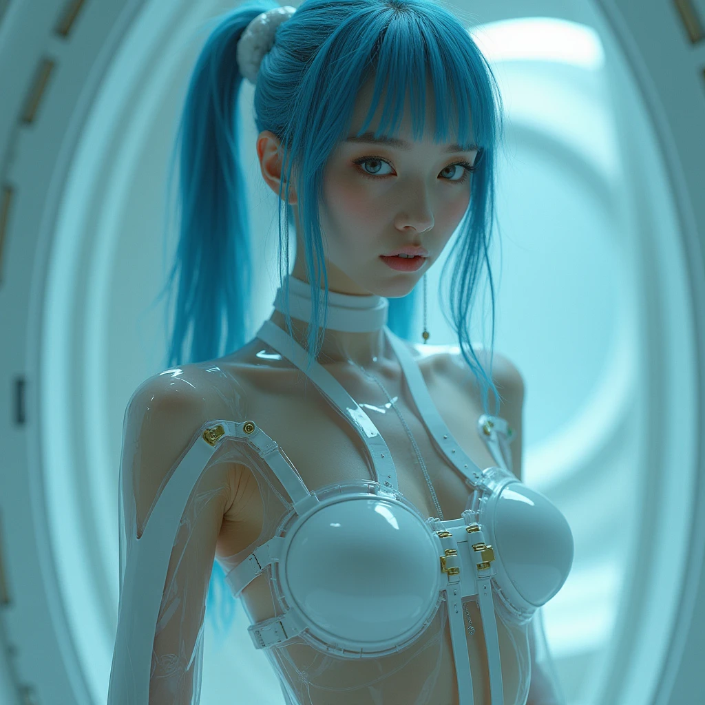 Masterpiece, RAW photo，high resolution，best quality，high definition, perfect composition, perfect face, perfect body, 16K，Cinematic lighting，short-cut，A Japanese Lady，Double eyelids，lightblue hair，White bodysuit，latex，huge breasts，full body，cool expression，Image of Rei from Evangelion，