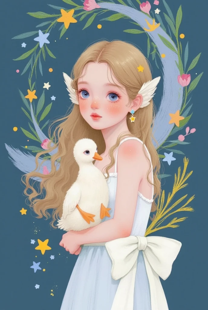 Closeup of an angel, Star，moon， exquisite digital art, 可爱的数字艺术, Lovely art style,  cute digital painting , Realistic cute girl painting,  Lovely illustrations , Exquisite painting style,  Dreaming of Flying Through the Sky ,  可爱的细节艺术品 , Holding a white duck , 软萌动漫插画, author：Li Song, author：The J, Beautiful digital illustrations