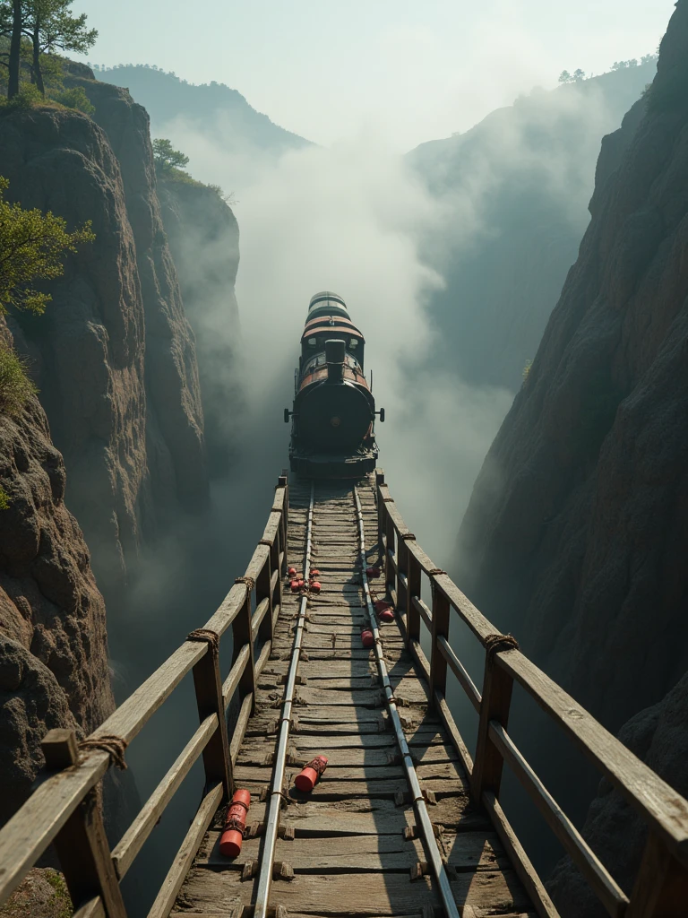 Point-of-view perspective in a Wild West setting, standing on a rickety wooden bridge spanning a deep, foggy canyon | an old, weathered freight train is crossing the bridge above, its rusted metal cars groaning under the weight | wooden beams and ropes creak ominously, with several sticks of dynamite strapped to the structure, red fuses faintly visible in the haze, signaling imminent danger | dense, swirling fog engulfs the canyon below, obscuring its depths and adding to the tension | muted sunlight struggles to penetrate the mist, casting eerie shadows on the bridge and train | cinematic perspective emphasizing the precarious and dramatic nature of the scene | (color grading: earthy browns, dusty grays, and muted reds) | high-detail textures on wood, dynamite, and rusted train elements | acrylic-style rendering, sharp details with soft, painted fog effects | 8K resolution | (tense and atmospheric Wild West aesthetic).”