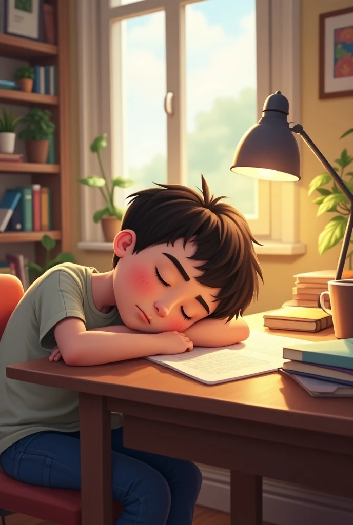 A boy sleeping at a study table in versionc cartoon