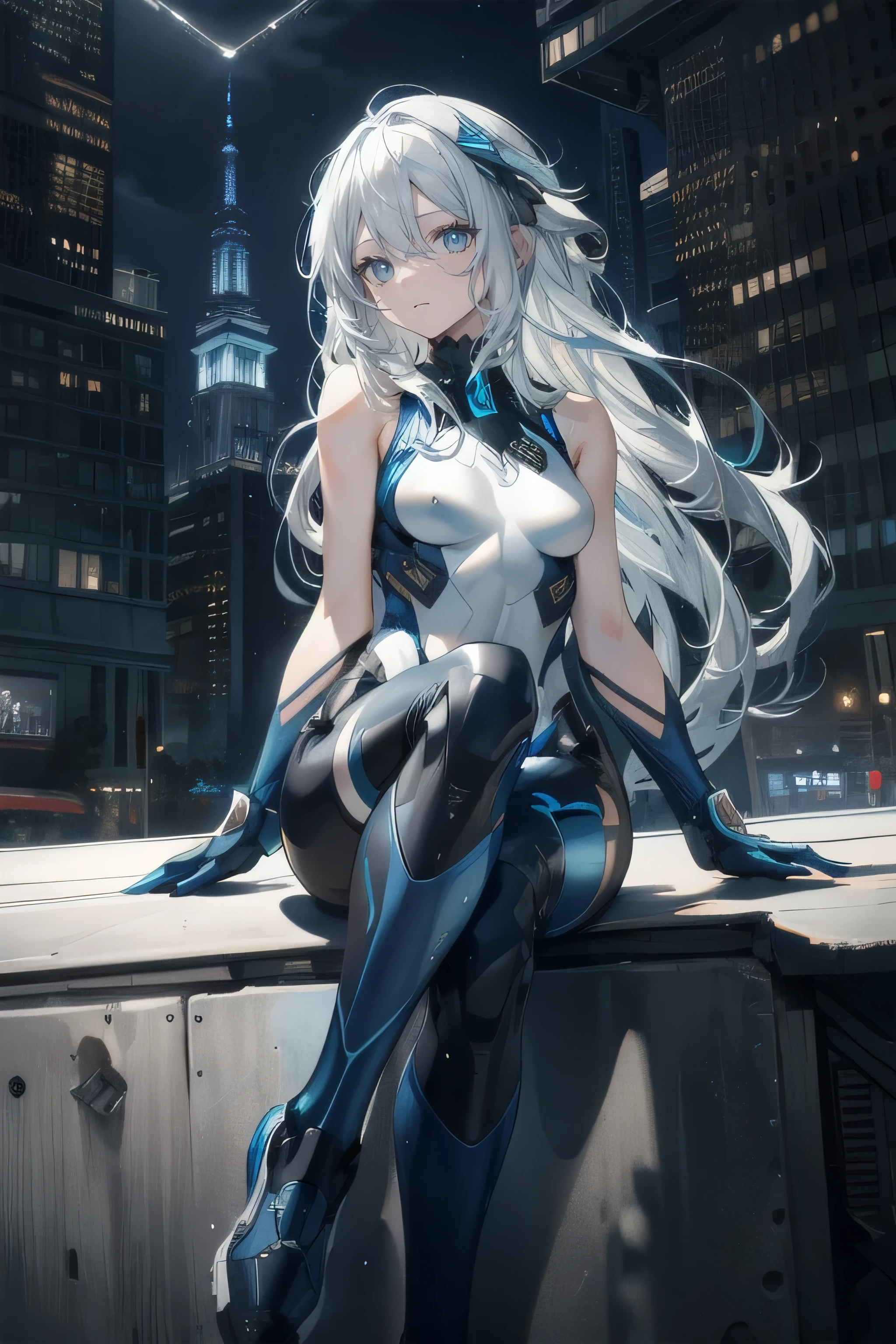 Anime girl sitting on ledge in city at night - SeaArt AI