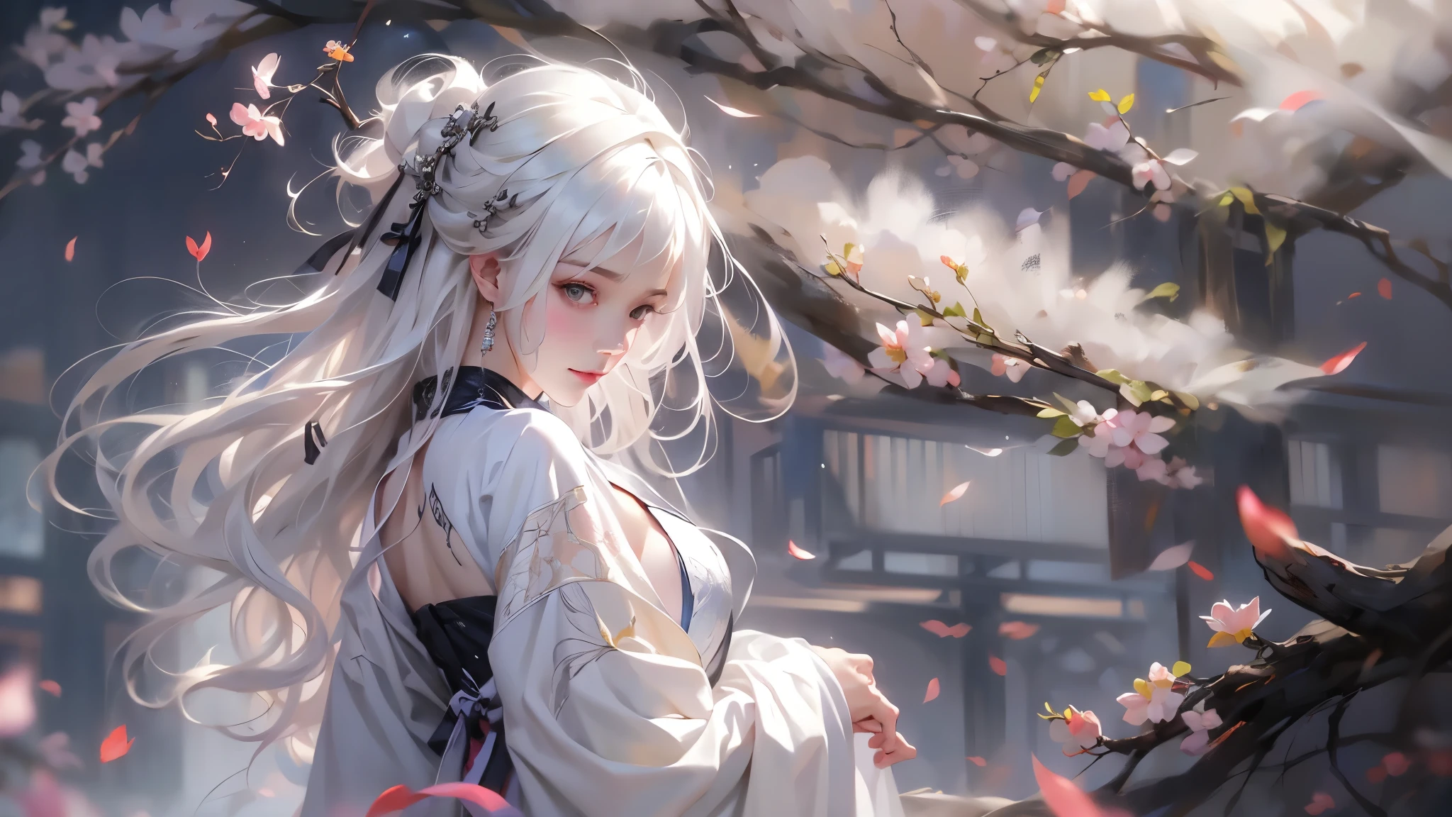 super high quality, masterpiece, Perfect illustration, Very detailed (Exquisite light and shadow, Very dramatic photo,Backlight) , ((white Hair:1.5))1 Girl,(( alone:1.6)), (Wearing Han clothes, Wear lots of layers of clothing. Black Hanfu,Monotony,Long sleeve、Gorgeous costumes、Highly decorated Hanfu) Flower Field, Flowers, (White smoke:1.3) (Realistic:1.4), Zen Intertwining, Tangled, Official Art, unity 8k wallpaper, Very detailed, Beautiful and beautiful, masterpiece, Highest quality, (Dynamic Angle: 1.4), Glowing Skin, (Floating colorful flashes: 1) The most beautiful chaotic shapes, elegant, Brutalist Design, Bright colors, Romantic Depth of Field Exotic_dance, half_naked、Expose your shoulders、Ample breasts、Great cleavage、Dynamic pose、Backlight, asian dress.
